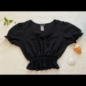 Scrunched sleeves and waist black blouse